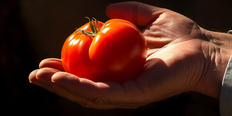 Radiant, sun-ripened tomato cradled in man's hands, vivid texture emphasizes fresh goodness bridging nature and digital world. Evocative close-up with bright contrast background.
