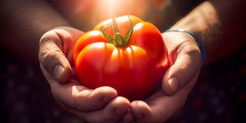 Sensational close-up of sun-ripened tomato held in a man's hands, glowing with digital radiance on contrasting backdrop. Highlights pulpy texture and freshness.