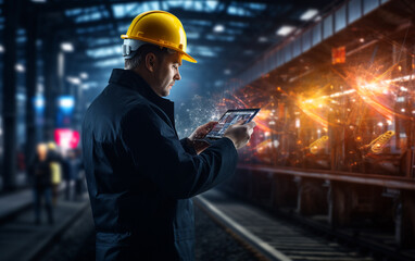 welder at work in factory with tablet