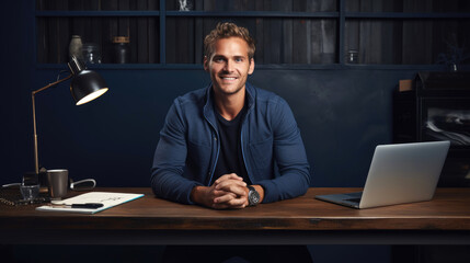 An attractive casual dressed man sitting at a desk with a laptop and smiling at the camera with a dark navy blue black wall behind him. Generative AI