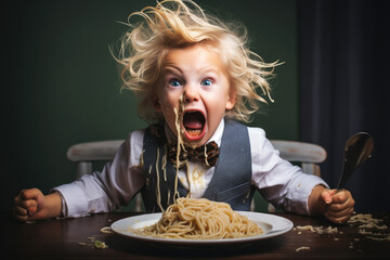 Funny child expression with food - obrazy, fototapety, plakaty