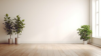 Empty white room with a wooden floor and plants. - obrazy, fototapety, plakaty