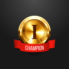 Gold medal with red ribbon. Metallic winner award. Vector illustration.