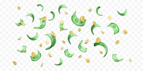 Falling money. 3D cartoon gold coins and green paper currency. Financial success concept. Casino profit jackpot. Vector