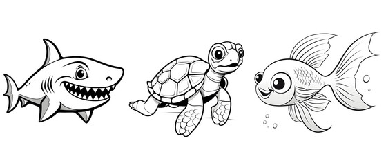 Sea animal drawing for kids : shark, turtle, fish