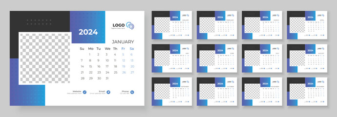 Desk Calendar Template 2024. Desk calendar in a minimalist style. Week Starts on Sunday.