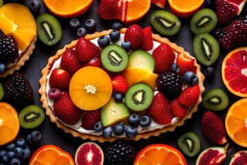 Produce an artistic representation of an exotic fruit tart with an assortment of tropical fruits