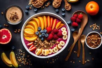 an image of a fruit smoothie bowl topped with granola, chia seeds, and sliced fruits