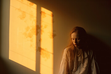 portrait of a woman/model/book character standing by a window in shadows with a thoughtful/sad expression -mental health, depression, therapy - in style film photography look - generative ai art