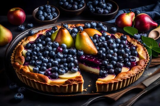 an image of Delicious dessert blueberry tart with fresh berries and pears, sweet tasty cheesecake, berry pie. French cuisine Artistic Still