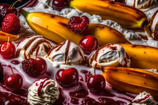 an image  of a banana split with multiple ice cream flavors, whipped cream, and cherries