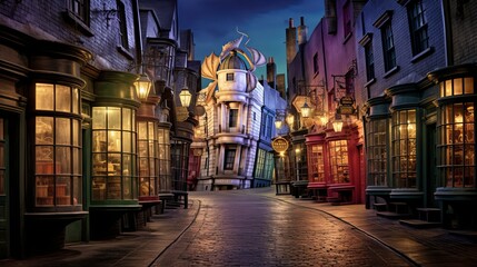Fototapeta premium diagon alley of old magic town of wizards, street lights, shop signs