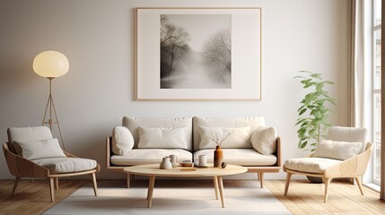 Fototapeta na wymiar Scandinavian style interior with modern poster frame.