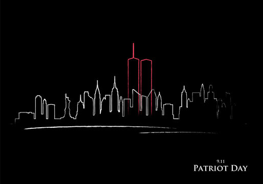 911 Patriot day background. New York skyline and Twin Towers with continuous drawing single line art. Patriot day vector banner.