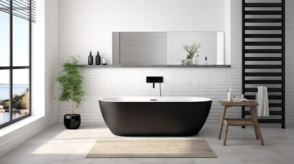 Naklejka na ściany i meble Scandinavian style a luxury bathroom with white walls, black tiled floor, white bathtub, shower, double sink, and a small horizontal window.