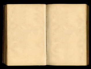 Turn of yellowed pages, old vintage open book isolated on black background