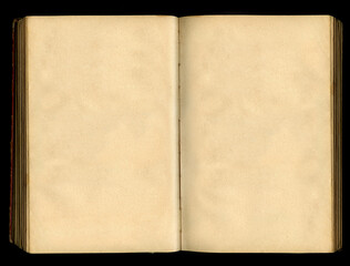 Turn of yellowed pages, old vintage open book isolated on black background