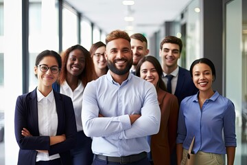 Smiling businesspeople arm in arm in office hallway. Photo generative AI