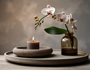 a brown tray with a single orchid and candle sitting on a stone, in the style of minimalist backgrounds, dao trong le, rounded forms, light white and gray, uhd image, lovely, rounded