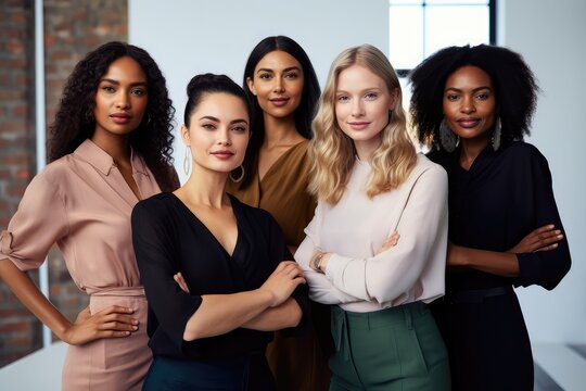 Successful female business team in office, diverse group standing together and looking at camera. Photo generative AI
