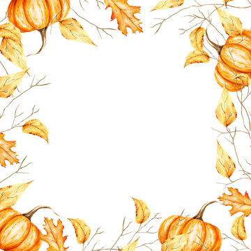 Watercolor autumn frame with tree branch golden foliage and pumpkins. Hand painting sketch isolated on white background. For designers, decoration, shop, for postcards, wrapping paper, covers. For