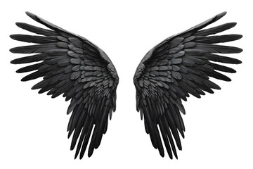Black angel wings spread out. Transparent background.