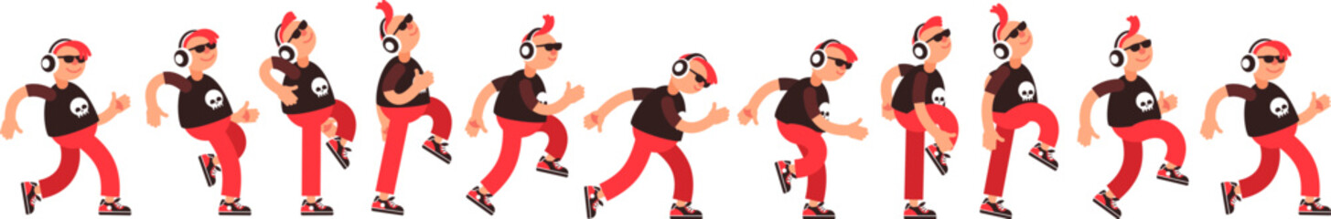 Cartoon man in headphones cheerfully walks to the music - a sequence of positions. Walking music lover frames for animation. Vector illustration.
