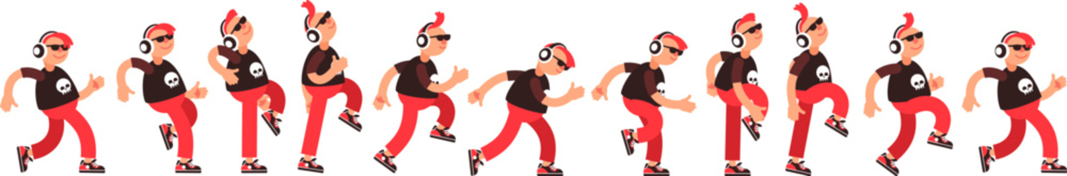 Cartoon man in headphones cheerfully walks to the music - a sequence of positions. Walking music lover frames for animation. Vector illustration.