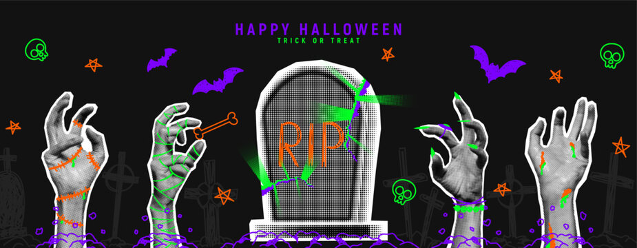 Happy Halloween holiday banner. Halftone zombie and mummies hands and stick out from ground or graves near tombstone. Trendy vector illustration in collage style for Halloween events with doodles.