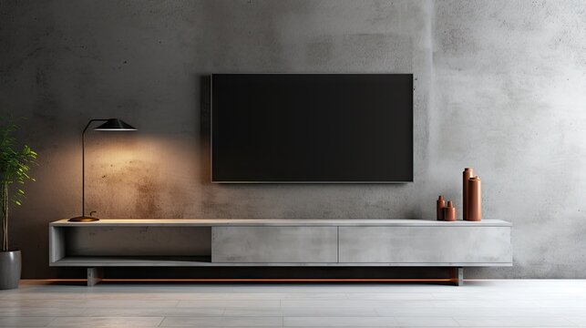 Rendering of 3D LED TV on living room cabinet with concrete wall background.