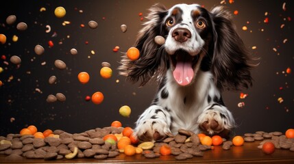 Happy dog with delicious pet food. Generative AI