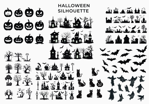 Halloween silhouette Image. halloween silhouette Art .witch house,pumpkin,cat silhouette,grave,bats for design element .