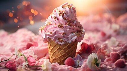  an ice cream cone with pink icing and sprinkles.  generative ai