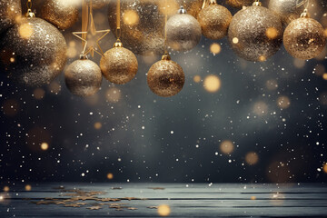 Christmas background, wallpaper with christmas lights, ornamental ball, glitter and decorations, gold with Generative AI