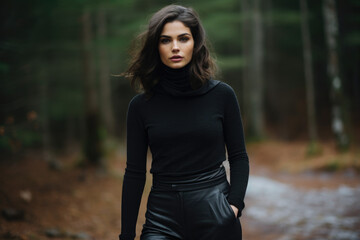 Portrait of a woman wearing layering with turtlenecks and thermal leggings