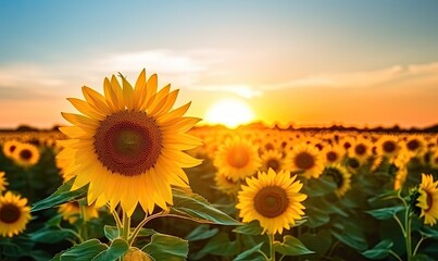 Sunflowers at the field on the sunset