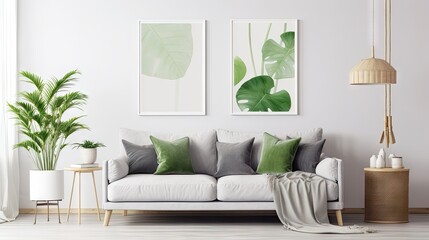 Modern living room with gray sofa and rattan table, adorned with tropical leaf decor and elegant accents. Abstract mock up paintings on white walls. Template.