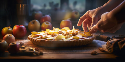 Enchanting baker's hands gently setting holographic apple slices on glowing pie crust in blurred warm, rustic bakery background - celebration of traditional pastry craft.