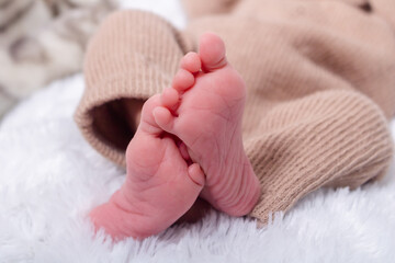 Foot of newborn baby. Close up of Hispanic newborn baby girl's feet