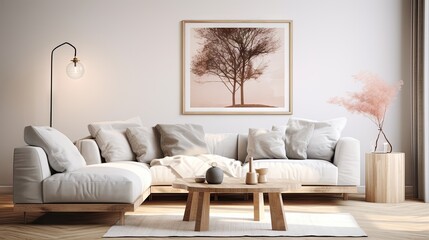 Create a modern Scandinavian living room setting with a mock up poster frame.