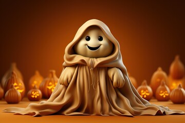 Happy ghost with pumpkin. Halloween concept.