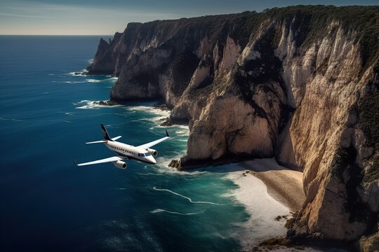 Private jet plane flying near rock clifs and ocean