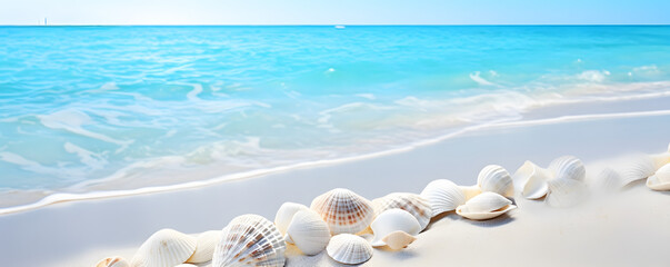 Shells at the sandy beach. Summer beach background.