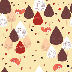 seamless pattern with trees and sleeping foxes for wallpaper, fabric, backgrounds