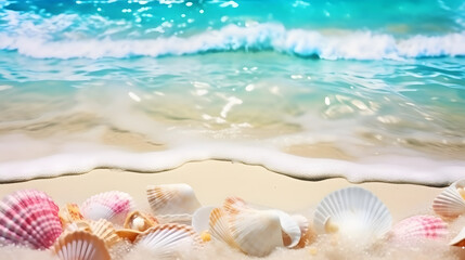 Fototapeta na wymiar Shells at the sandy beach. Summer beach background.