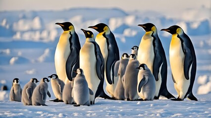 Fototapeta premium A view of a cute Emperor Penguin couple with a small offspring, on snowy Antarctic landscape.