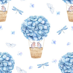 Watercolor pattern with blue aerostat hot air balloon, birds, dragonfly and butterfly. Watercolour hydrangea. Floral print on white background. Hand drawn illustration
