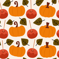 cute autumn fall seamless vector pattern background illustration with pumpkins, candy apples and leaves for season holidays card and invitation