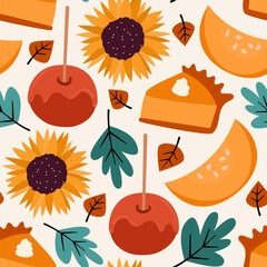cute autumn fall season seamless vector pattern illustration with pumpkin slices, candy apples, leaves, sunflowers and pumpkin pie - 637500784