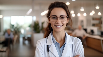 Beautiful young woman doctor with stethoscope and glasses posing with clean hospital clinic behind her.